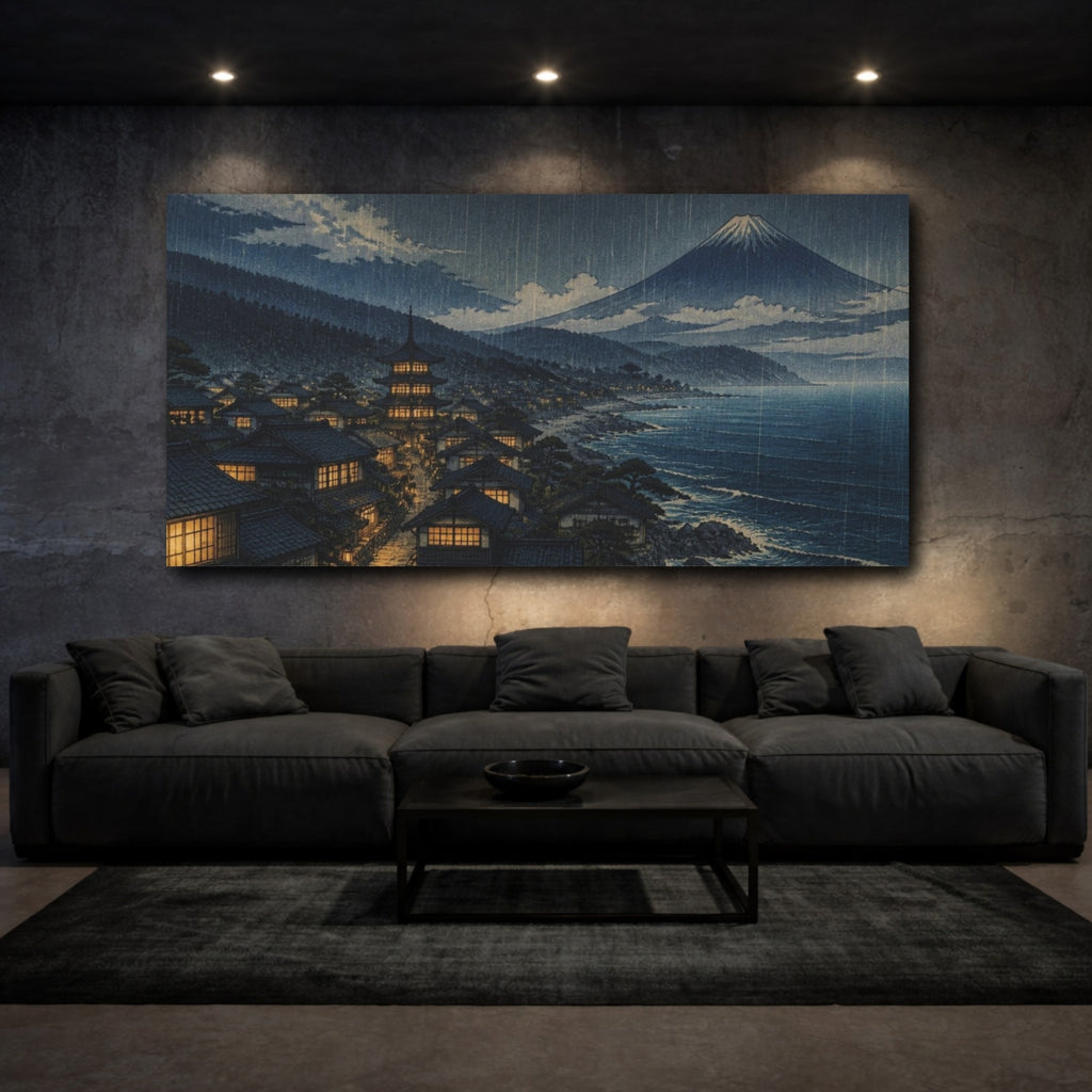 Mockup 3. Japanese Coastal Village At Night shown as canvas print