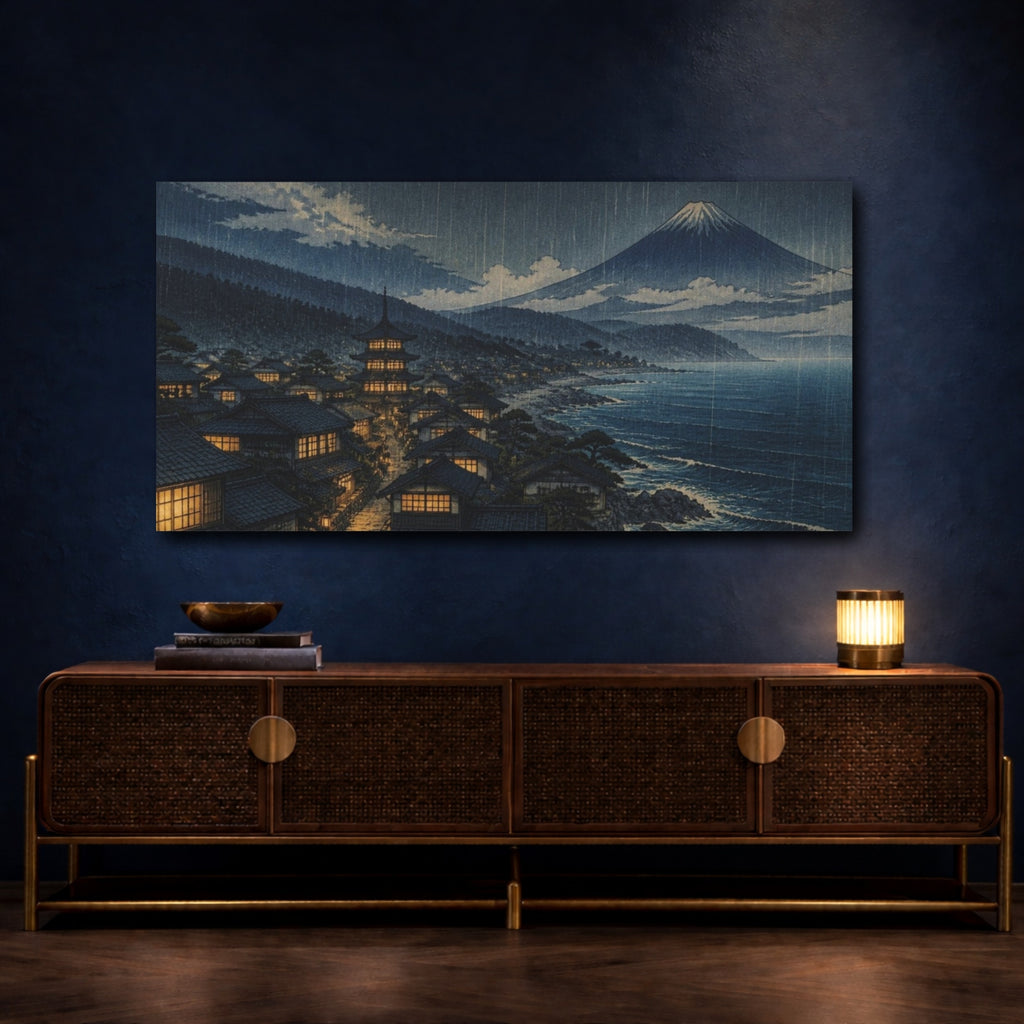 Mockup 4. Japanese Coastal Village At Night shown as canvas print