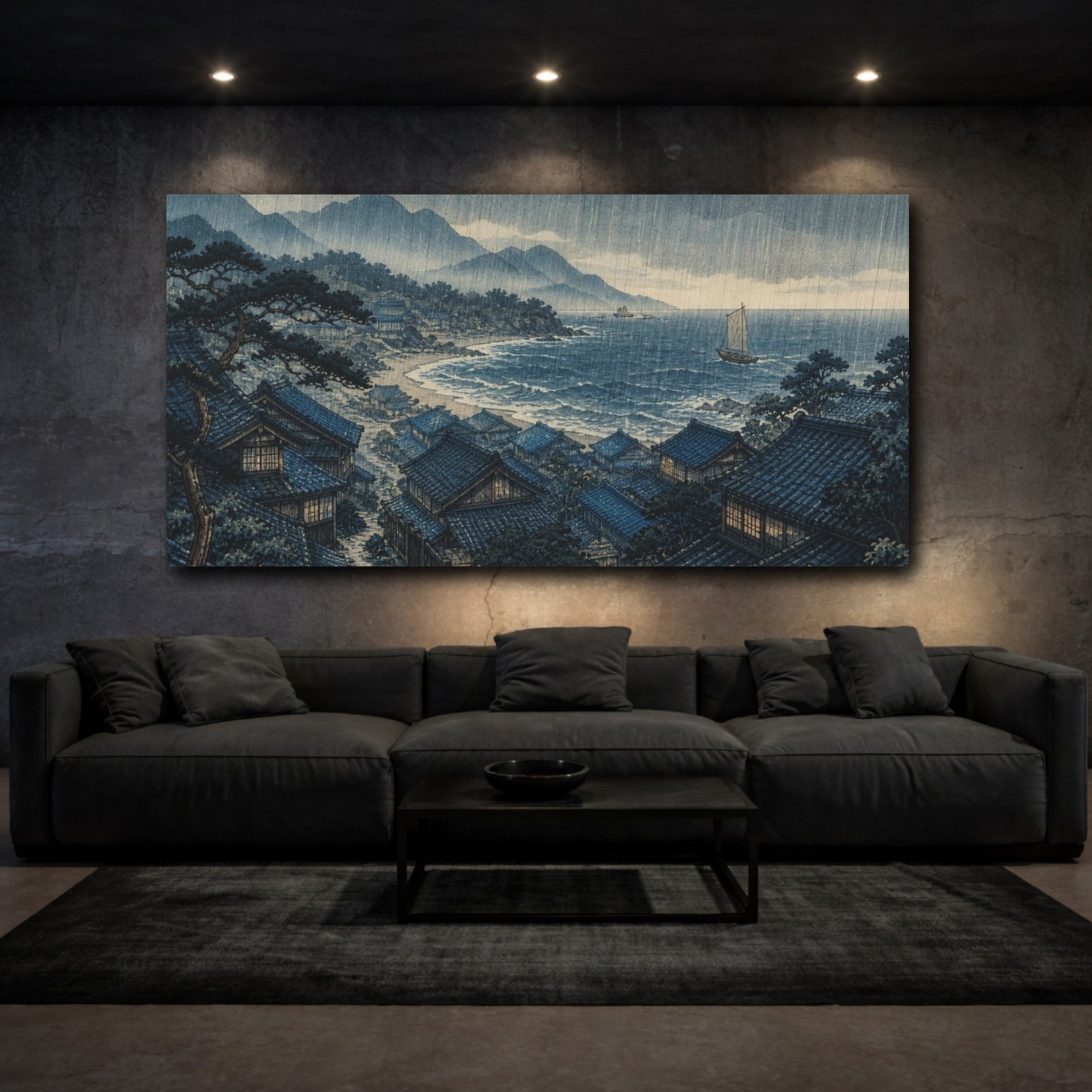 Mockup 3. Japanese Coastal Village shown as canvas print