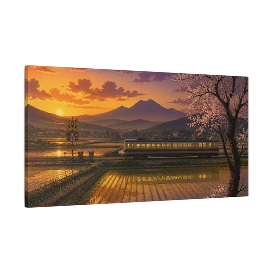 Main Mockup. Japanese Countryside Train At Dusk shown as canvas print