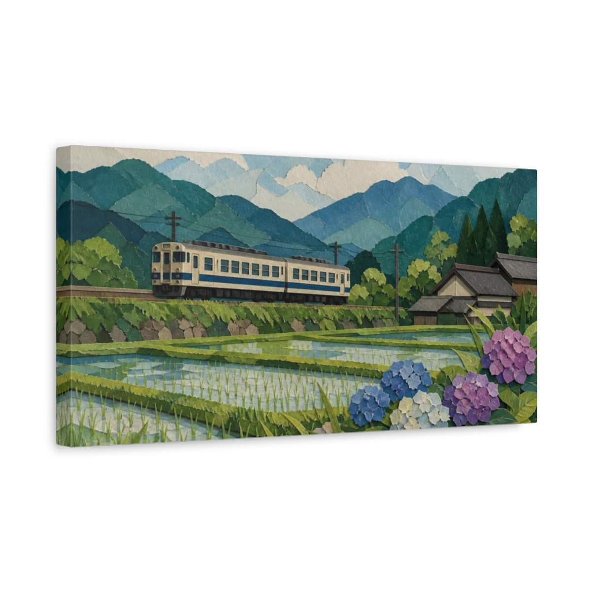 Side Mockup 3. Japanese Countryside Train shown as canvas print