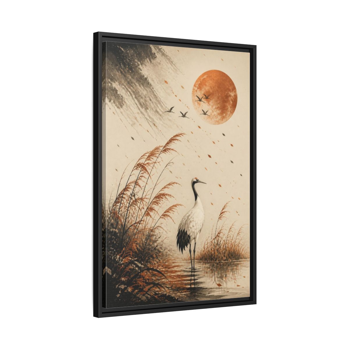 Side Mockup 14. Japanese Crane Copper Moon shown as framed canvas print