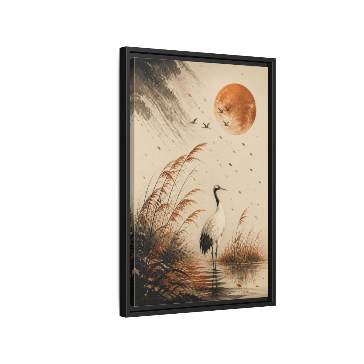 Side Mockup 3. Japanese Crane Copper Moon shown as framed canvas print