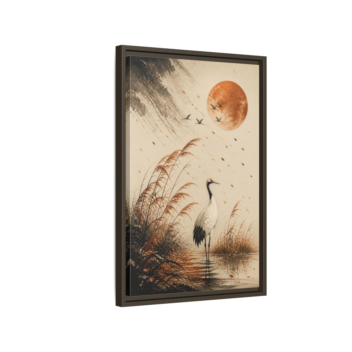 Side Mockup 2. Japanese Crane Copper Moon shown as framed canvas print