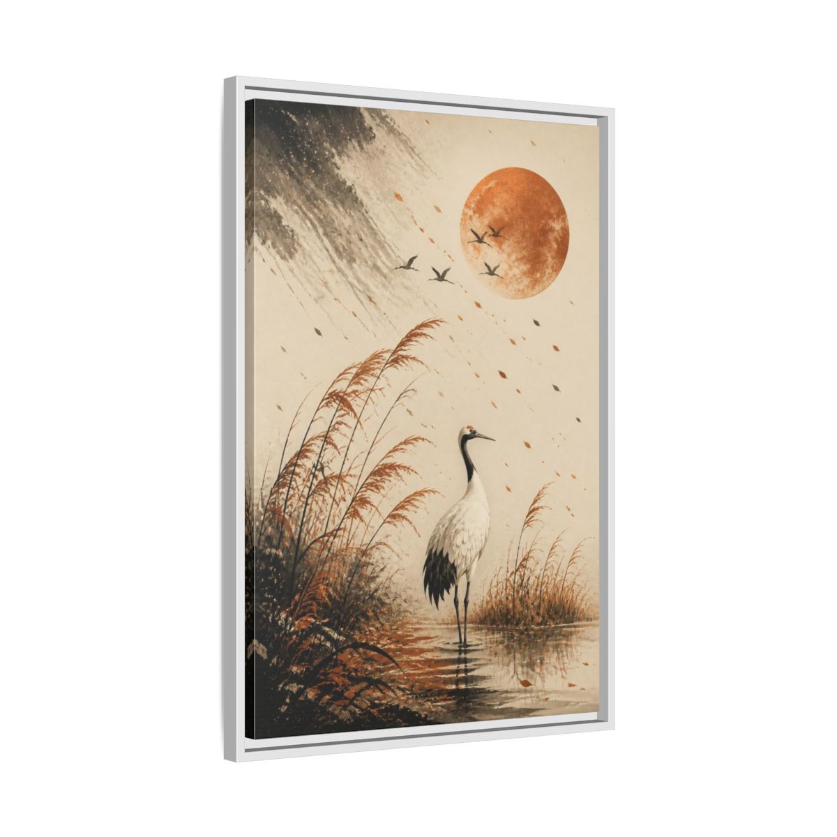 Side Mockup 10. Japanese Crane Copper Moon shown as framed canvas print