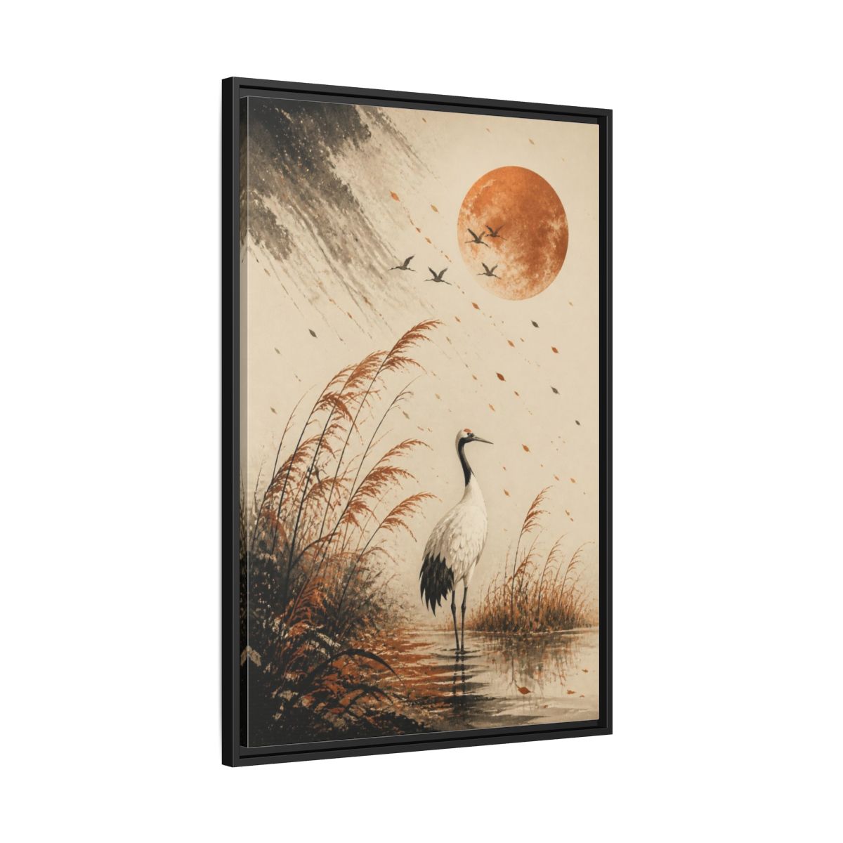 Side Mockup 13. Japanese Crane Copper Moon shown as framed canvas print