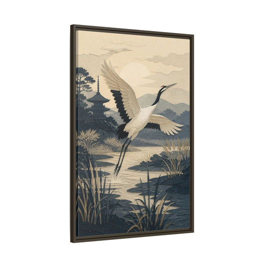 Main Mockup. Japanese Crane Over Marsh shown as framed canvas print