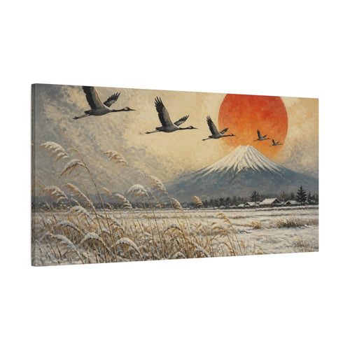 Main Mockup. Japanese Cranes Over Fuji shown as canvas print
