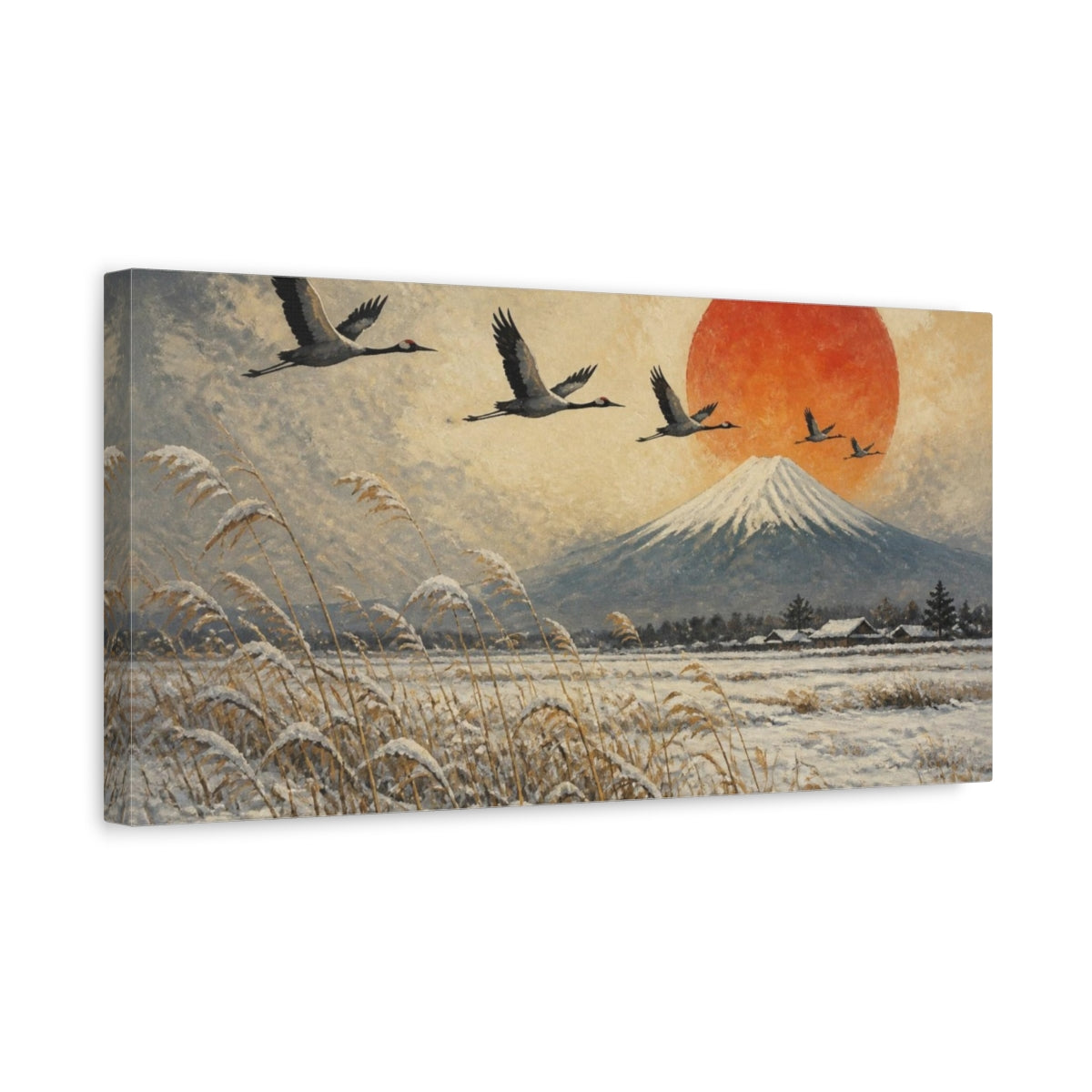 Side Mockup 3. Japanese Cranes Over Fuji shown as canvas print