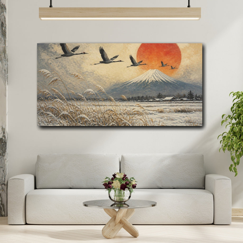 Mockup 2. Japanese Cranes Over Fuji shown as canvas print