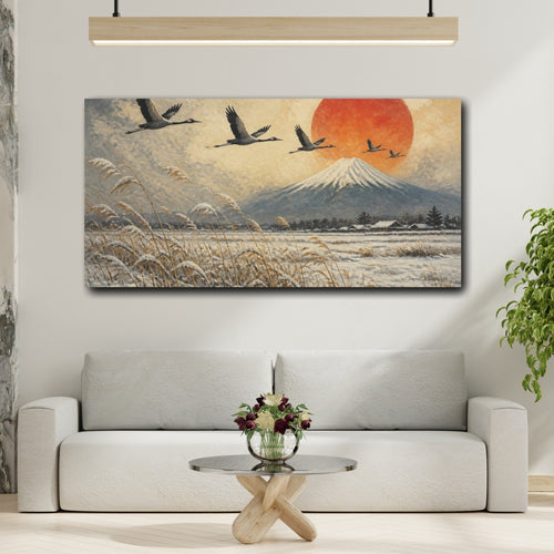 Mockup 2. Japanese Cranes Over Fuji shown as canvas print