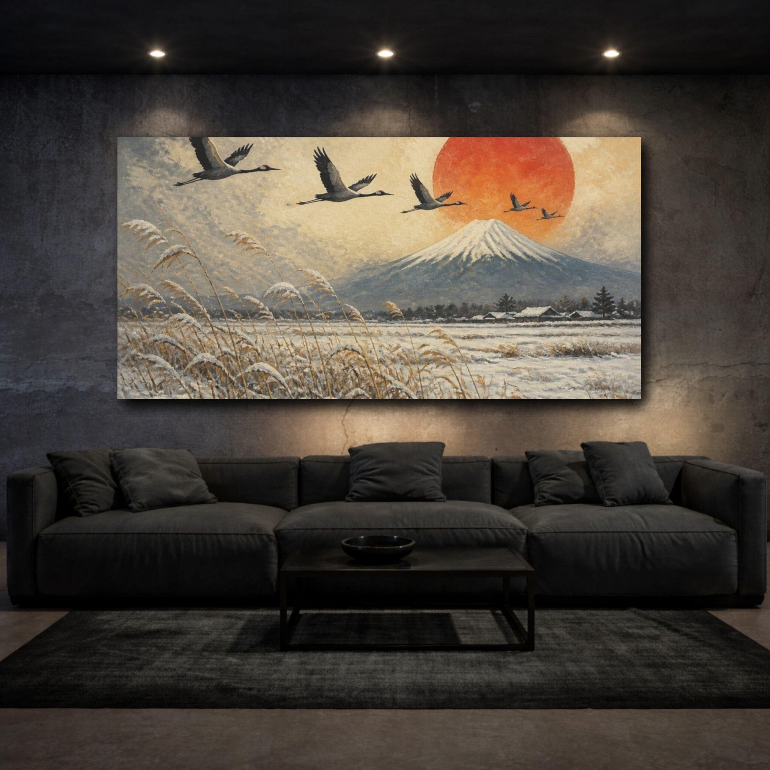Mockup 3. Japanese Cranes Over Fuji shown as canvas print