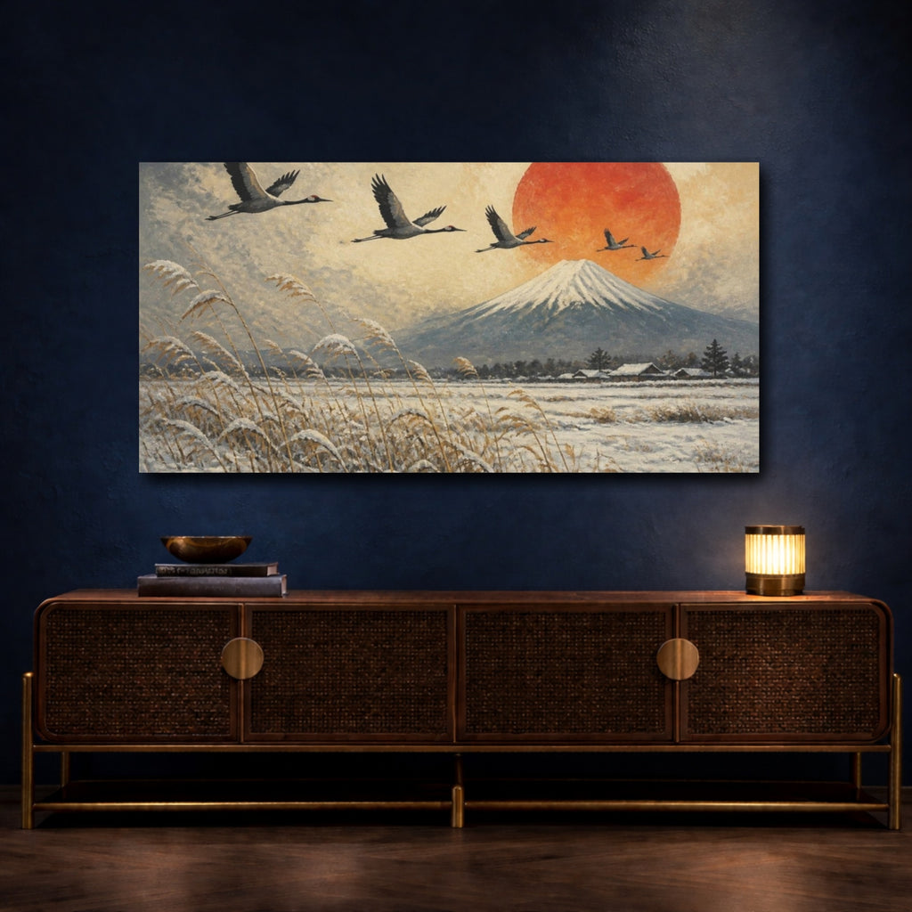 Mockup 4. Japanese Cranes Over Fuji shown as canvas print