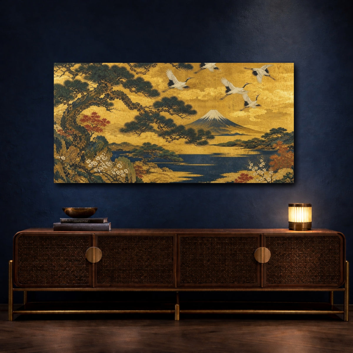 Mockup 4. Japanese Cranes Over Fuji shown as canvas print