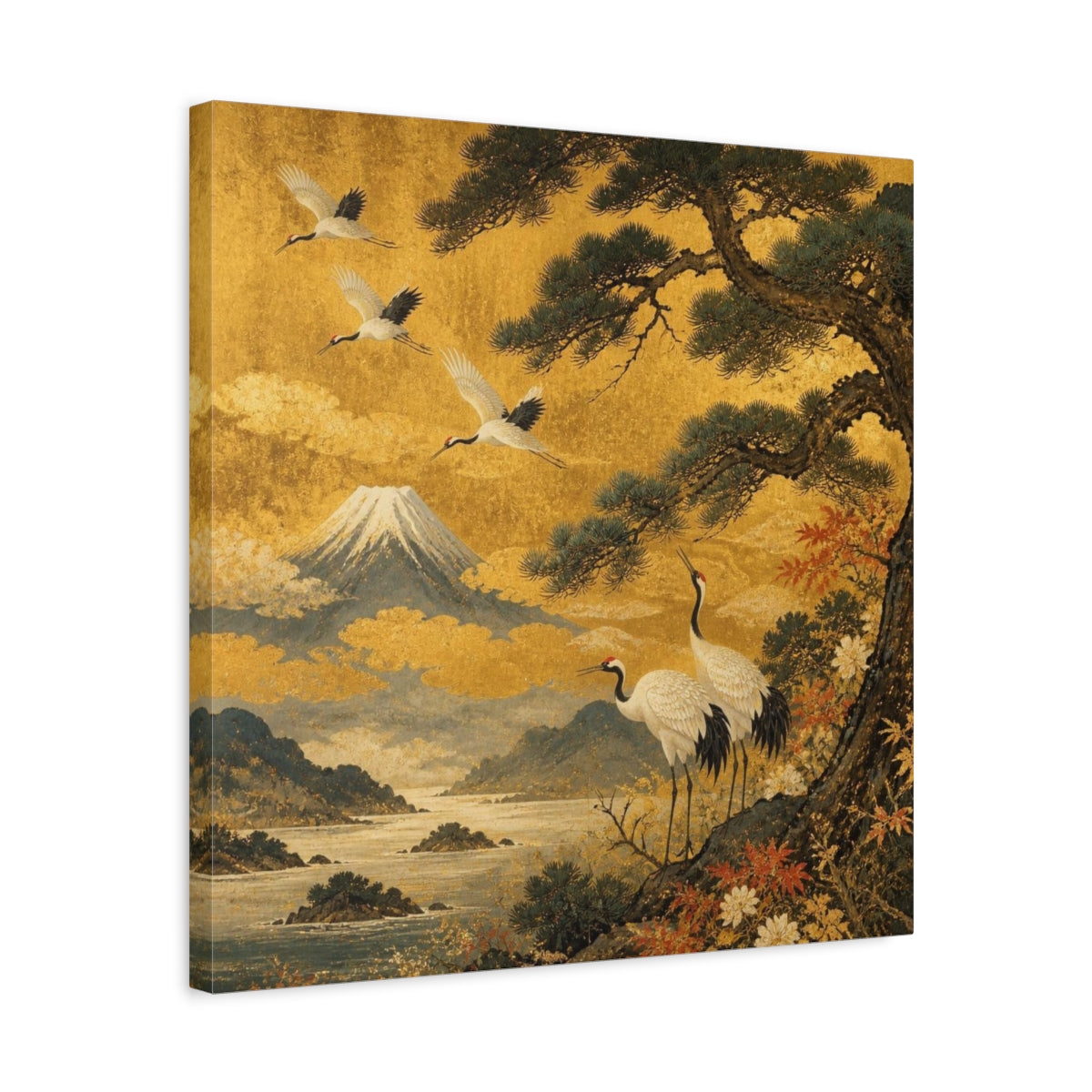 Side Mockup 5. Japanese Cranes With Mount Fuji shown as canvas print