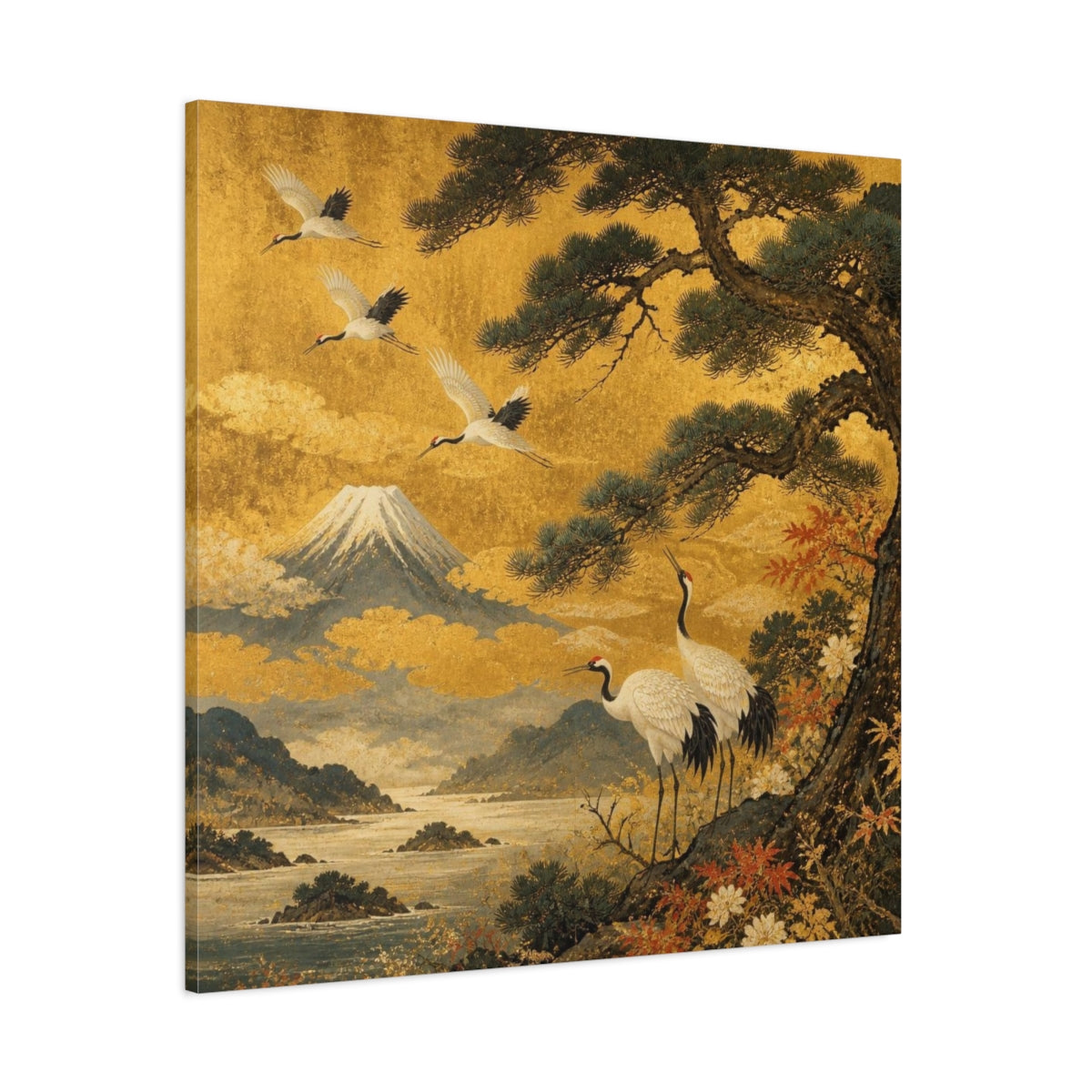 Side Mockup 1. Japanese Cranes With Mount Fuji shown as canvas print