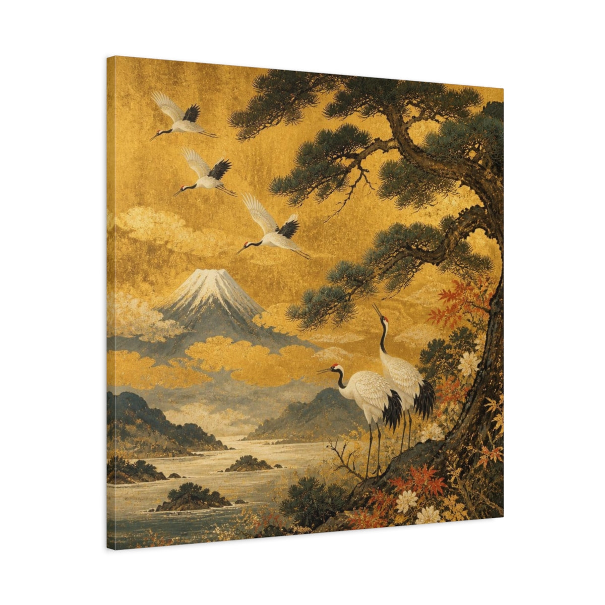 Side Mockup 3. Japanese Cranes With Mount Fuji shown as canvas print