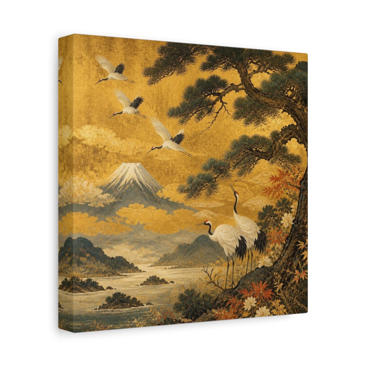 Side Mockup 9. Japanese Cranes With Mount Fuji shown as canvas print