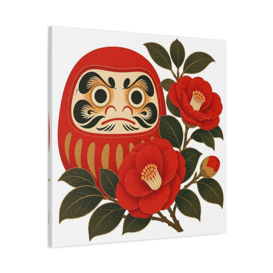 Main Mockup. Japanese Daruma With Camellia shown as canvas print
