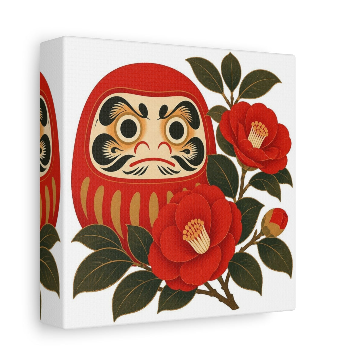 Side Mockup 2. Japanese Daruma With Camellia shown as canvas print