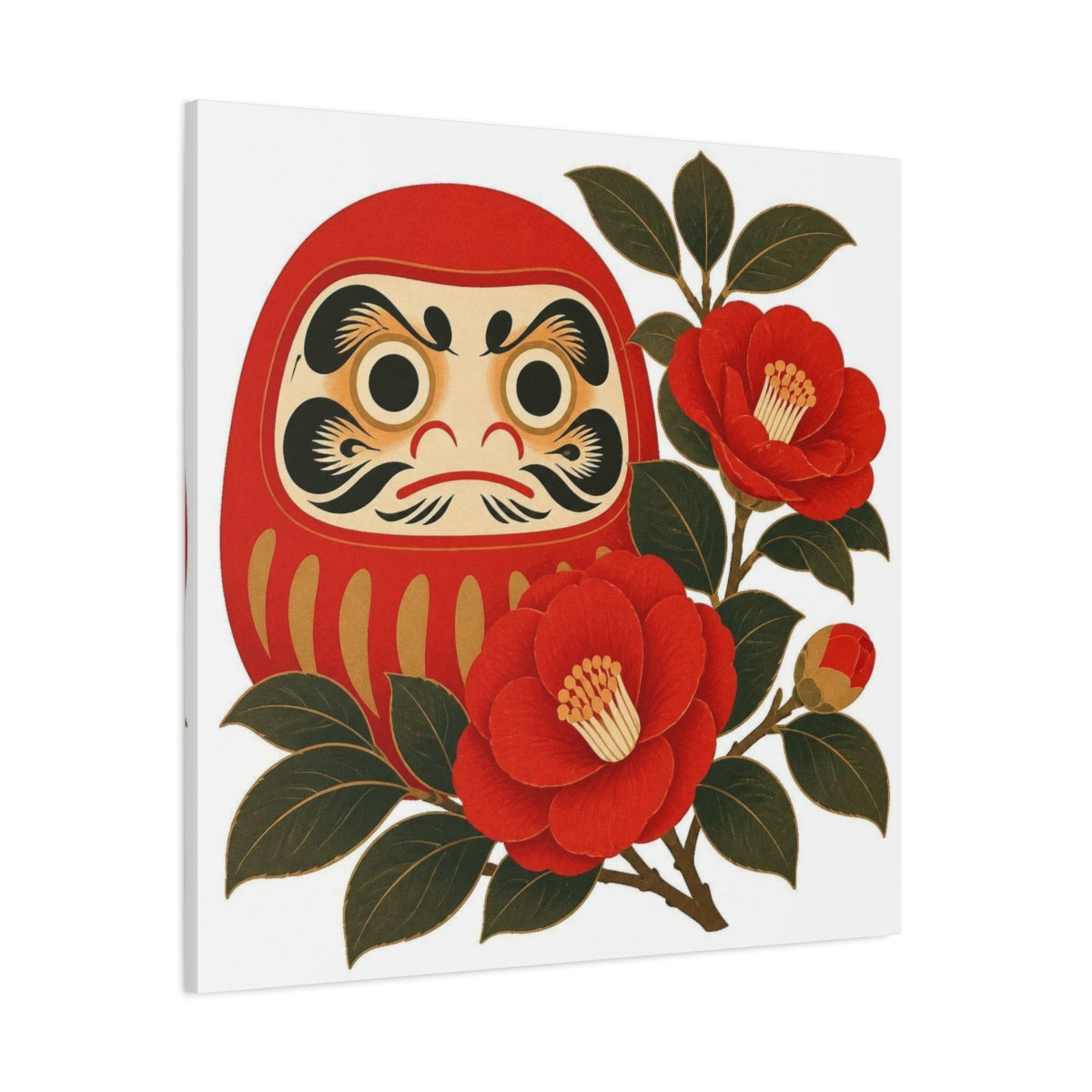Side Mockup 1. Japanese Daruma With Camellia shown as canvas print