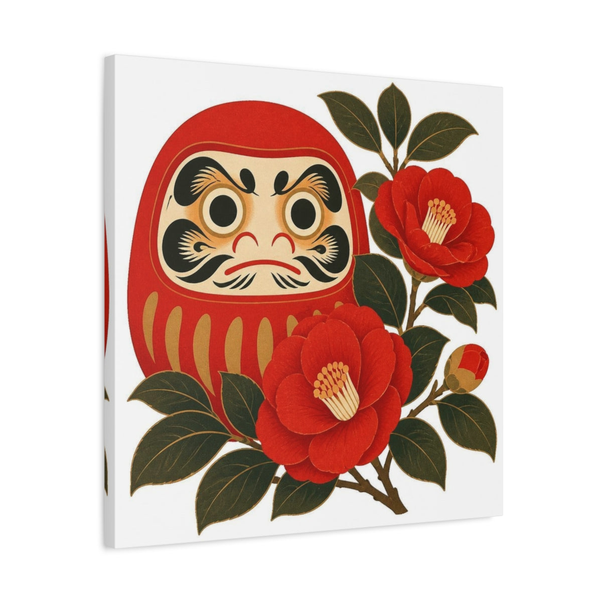 Side Mockup 4. Japanese Daruma With Camellia shown as canvas print