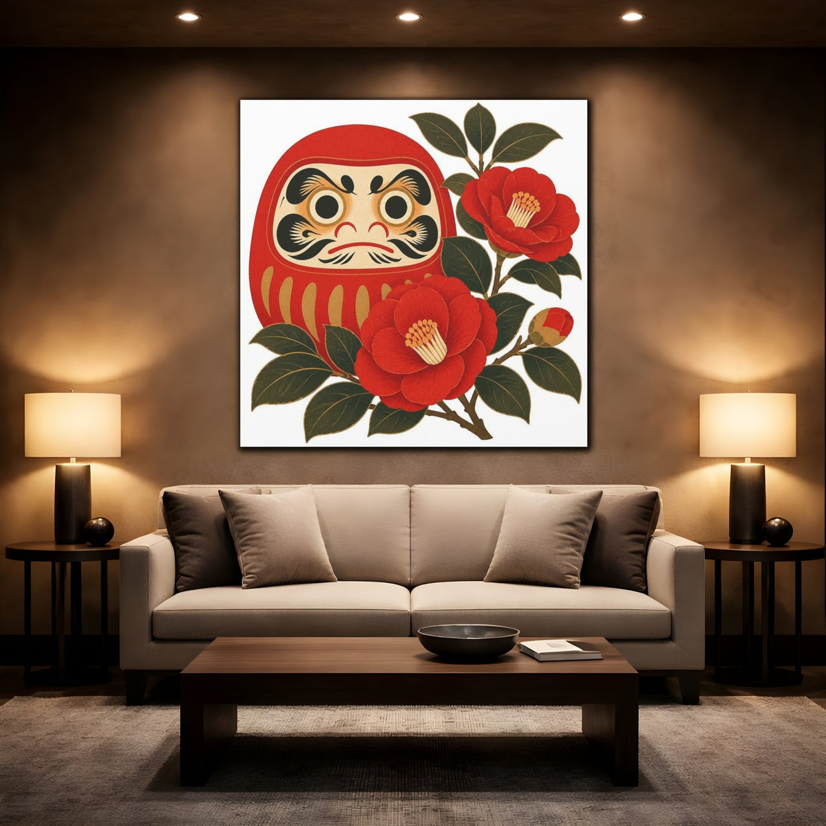 Mockup 2. Japanese Daruma With Camellia shown as canvas print