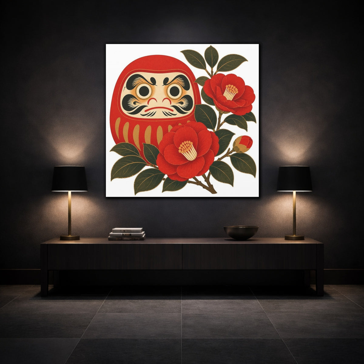 Mockup 3. Japanese Daruma With Camellia shown as canvas print