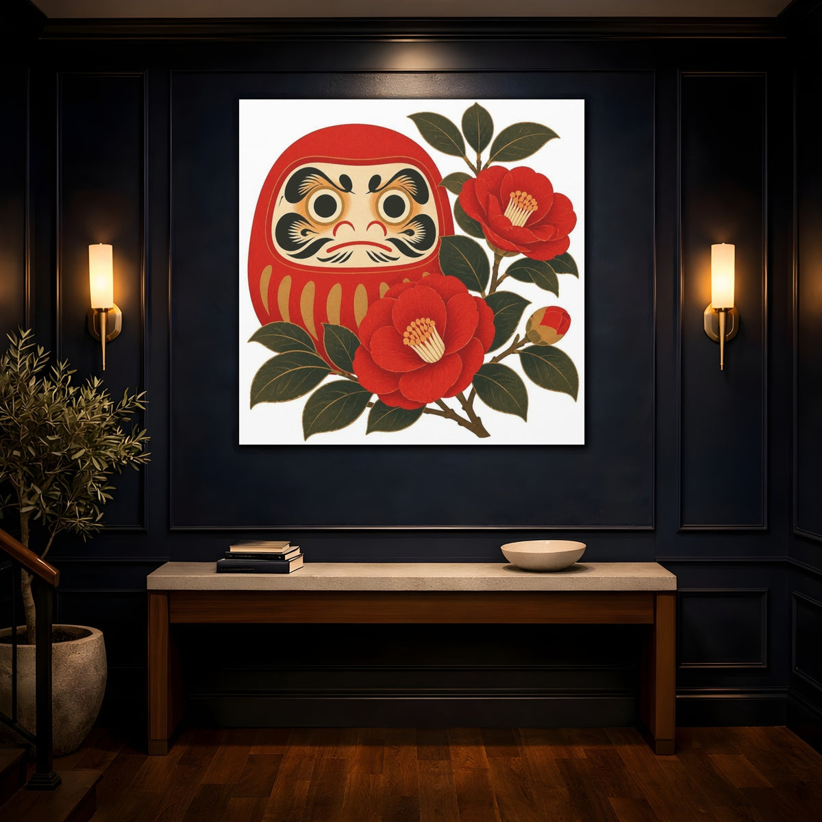 Mockup 4. Japanese Daruma With Camellia shown as canvas print