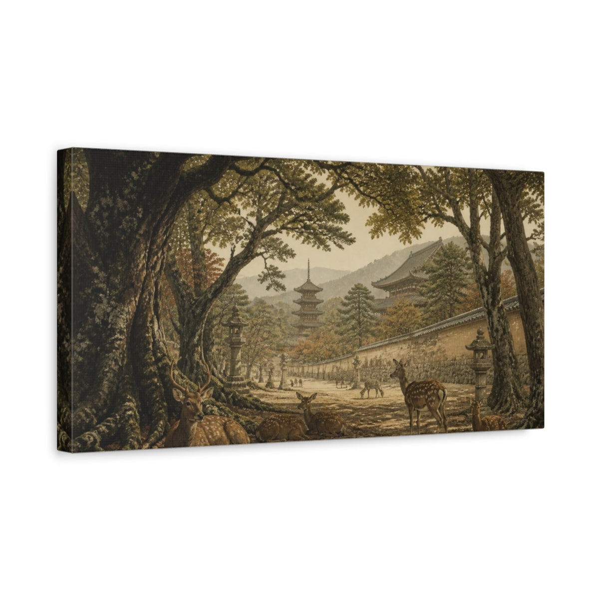 Side Mockup 3. Japanese Deer At Pagoda shown as canvas print