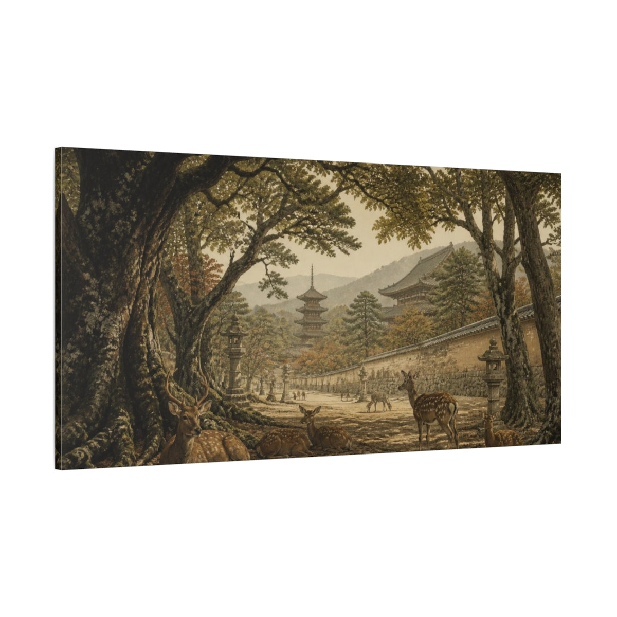 Side Mockup 2. Japanese Deer At Pagoda shown as canvas print
