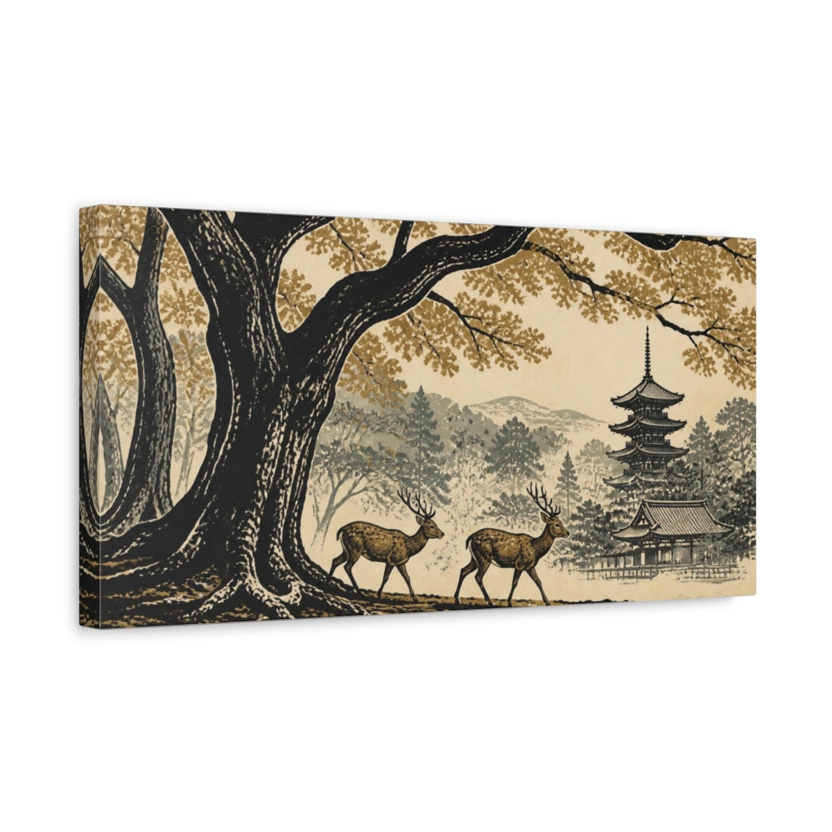 Side Mockup 3. Japanese Deer By Pagoda shown as canvas print