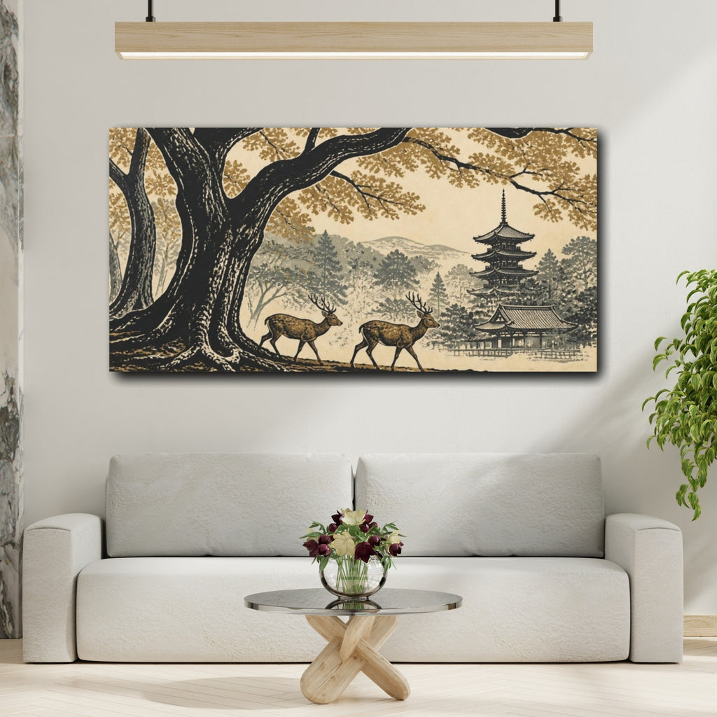 Mockup 2. Japanese Deer By Pagoda shown as canvas print