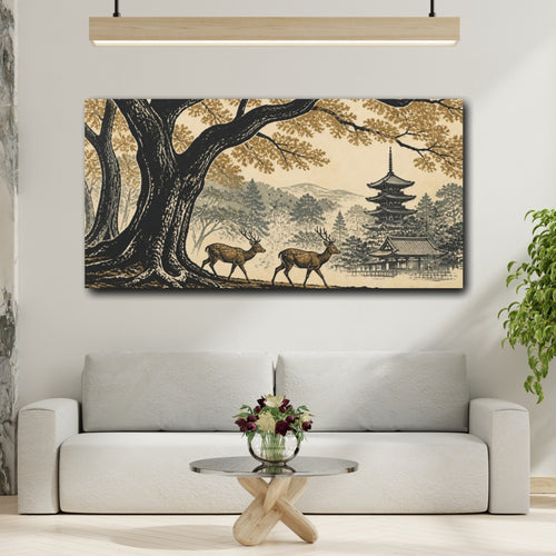 Mockup 2. Japanese Deer By Pagoda shown as canvas print