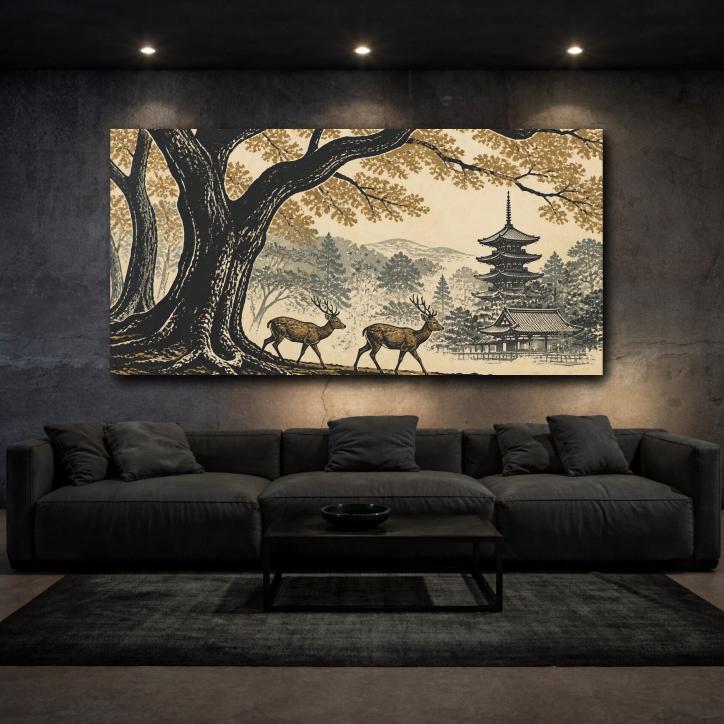 Mockup 3. Japanese Deer By Pagoda shown as canvas print