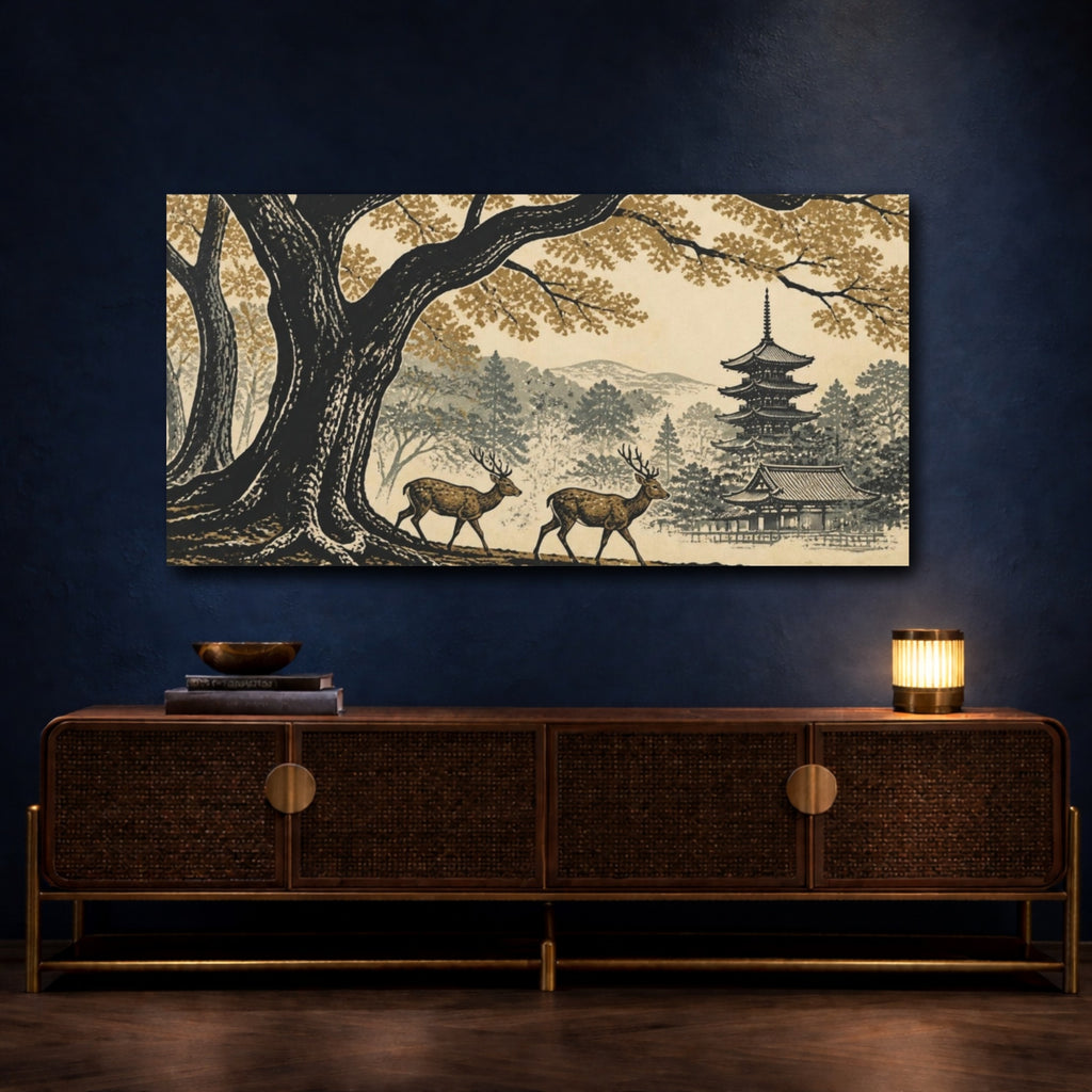 Mockup 4. Japanese Deer By Pagoda shown as canvas print