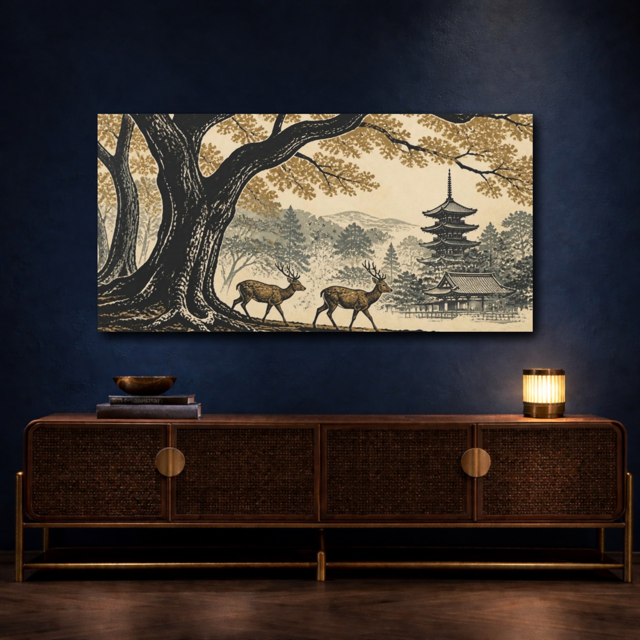 Mockup 4. Japanese Deer By Pagoda shown as canvas print