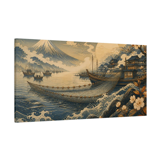 Main Mockup. Japanese Fishing Boats At Dawn shown as canvas print