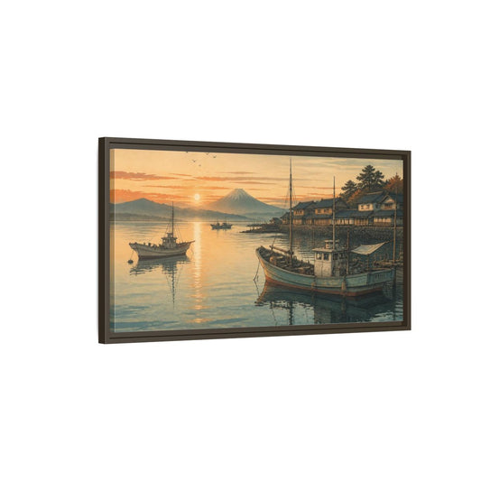 Main Mockup. Japanese Fishing Boats At Dawn shown as framed canvas print