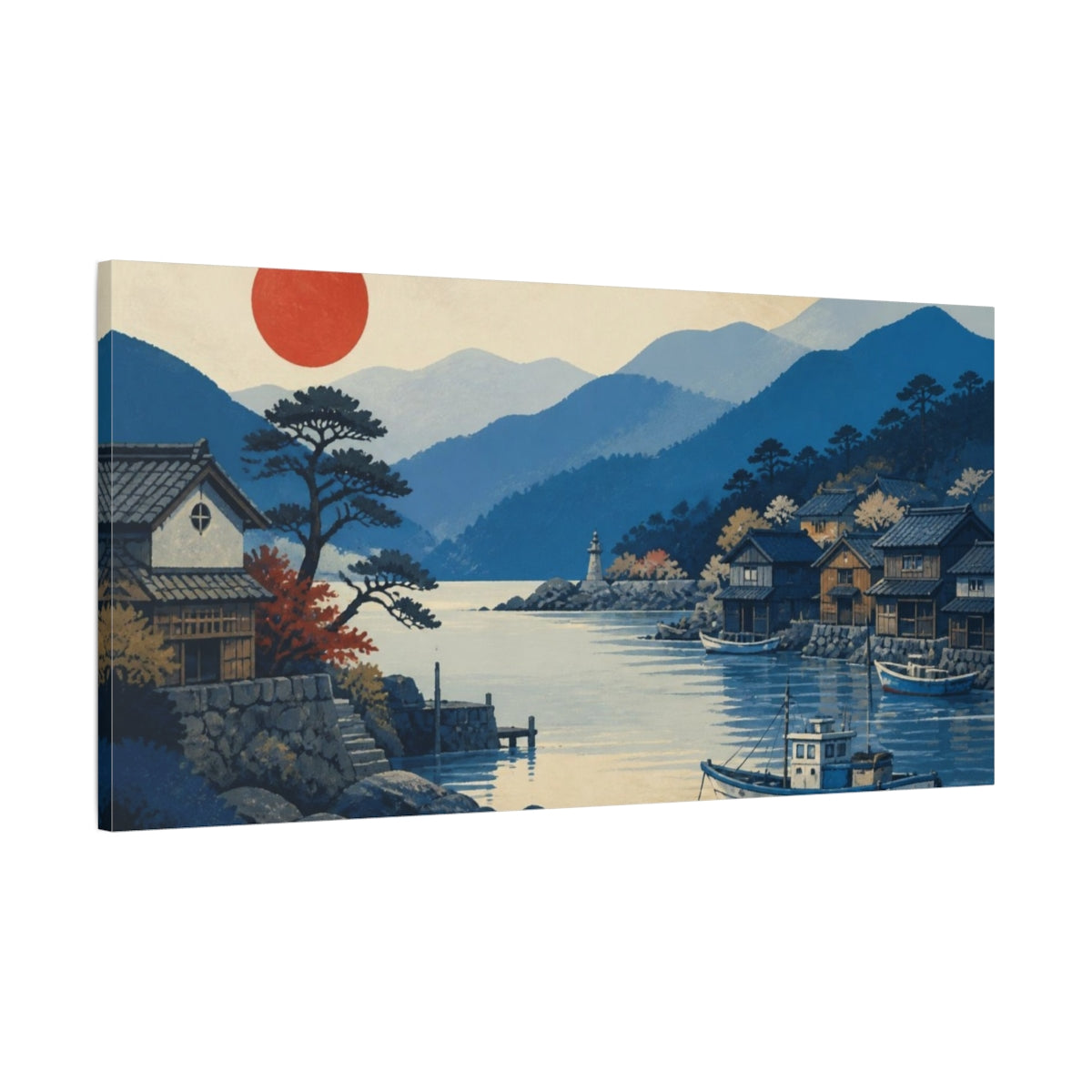 Main Mockup. Japanese Fishing Cove Sunrise shown as canvas print