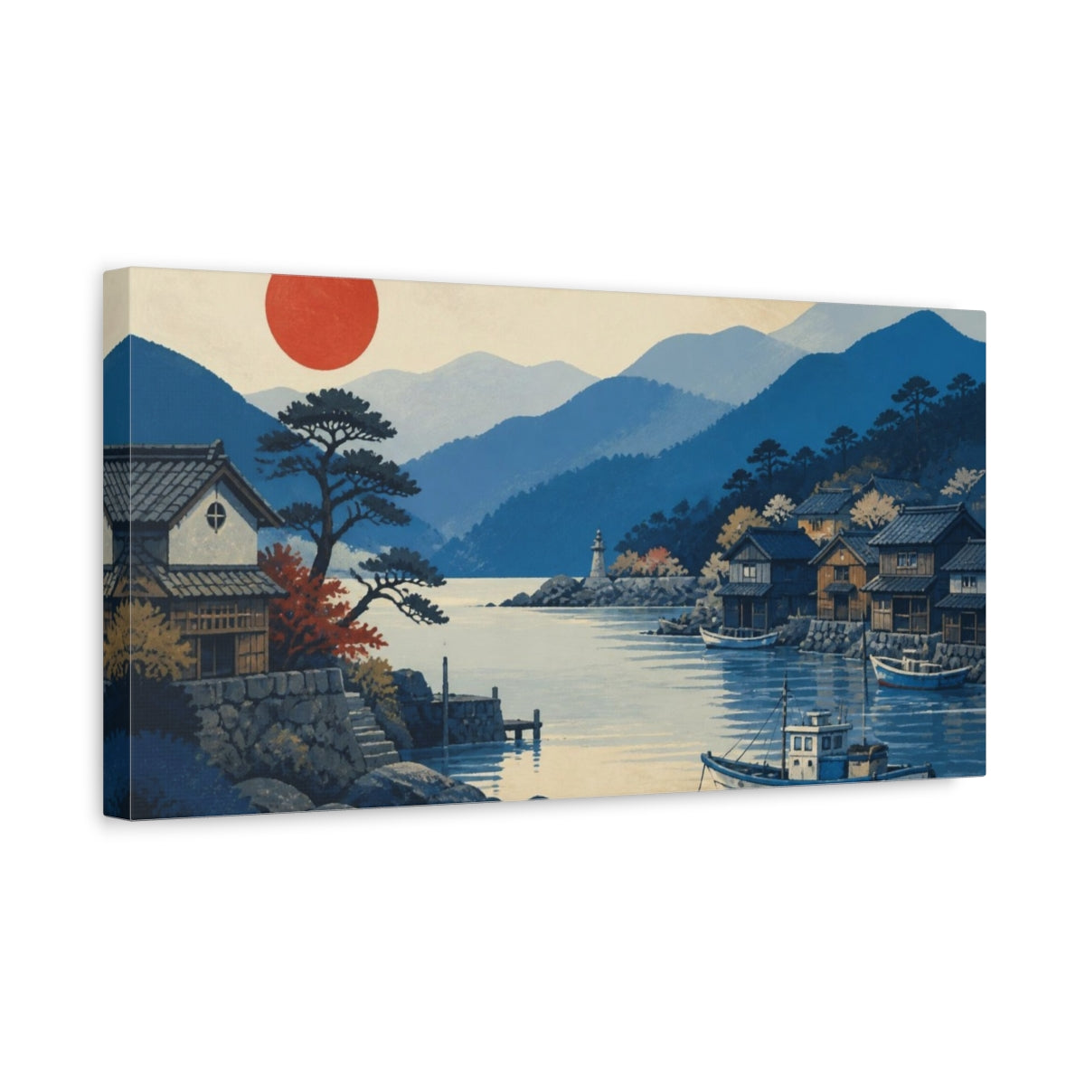 Side Mockup 3. Japanese Fishing Cove Sunrise shown as canvas print