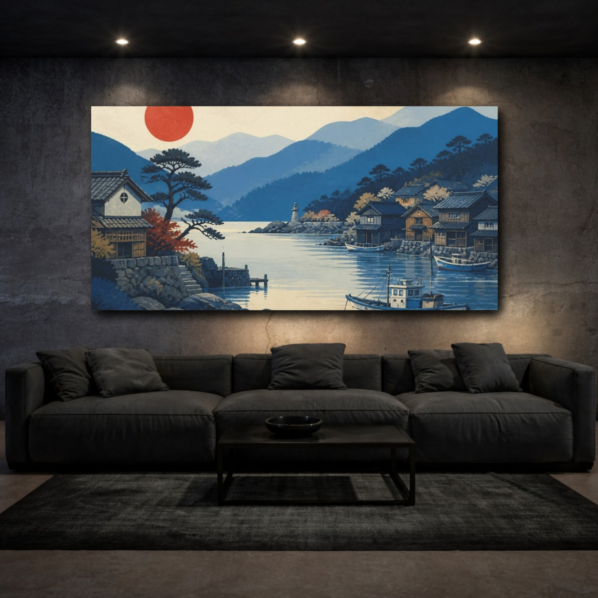 Mockup 3. Japanese Fishing Cove Sunrise shown as canvas print