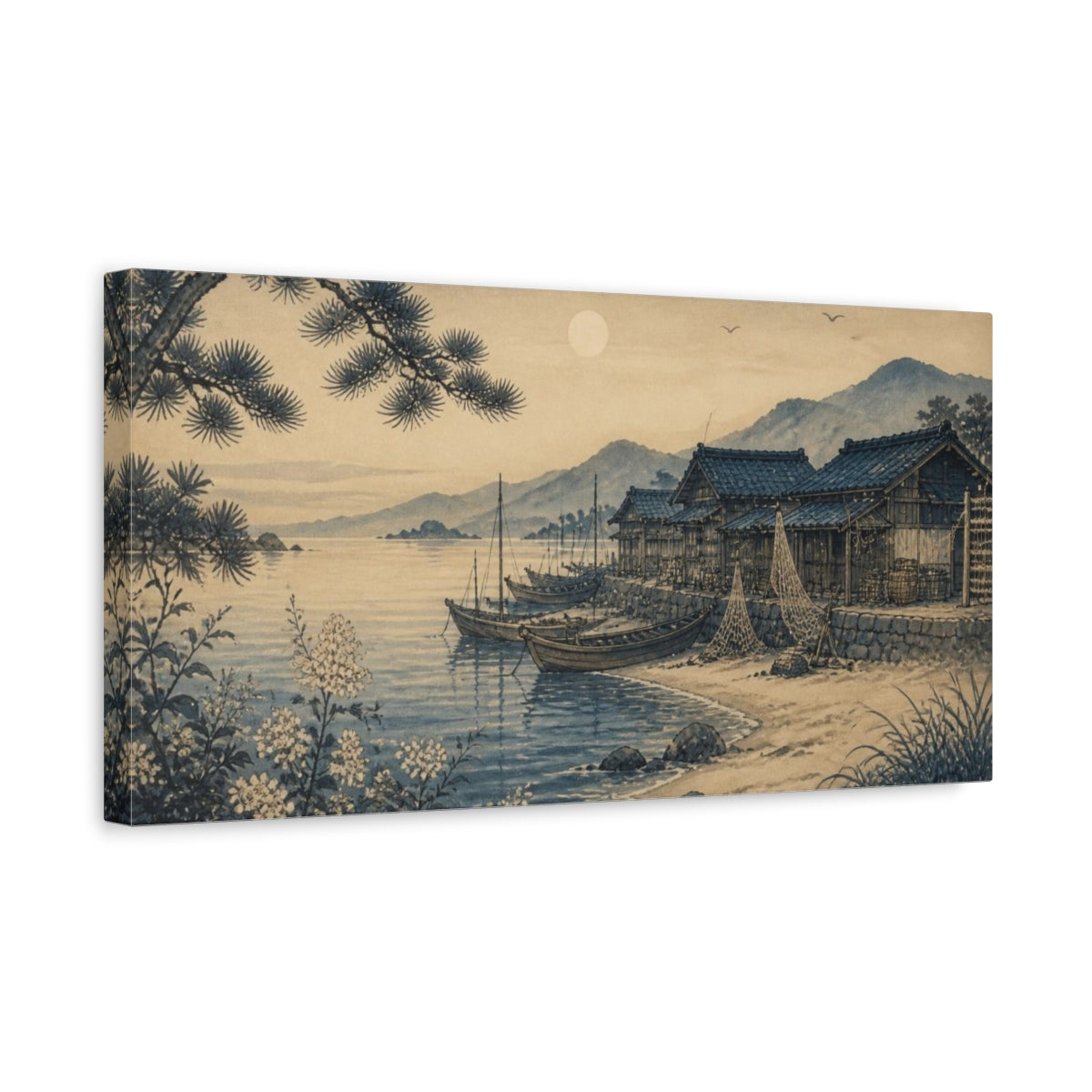 Side Mockup 3. Japanese Fishing Huts shown as canvas print