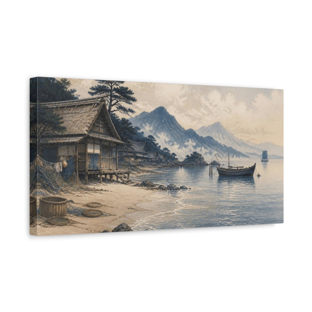Side Mockup 3. Japanese Fishing Huts shown as canvas print