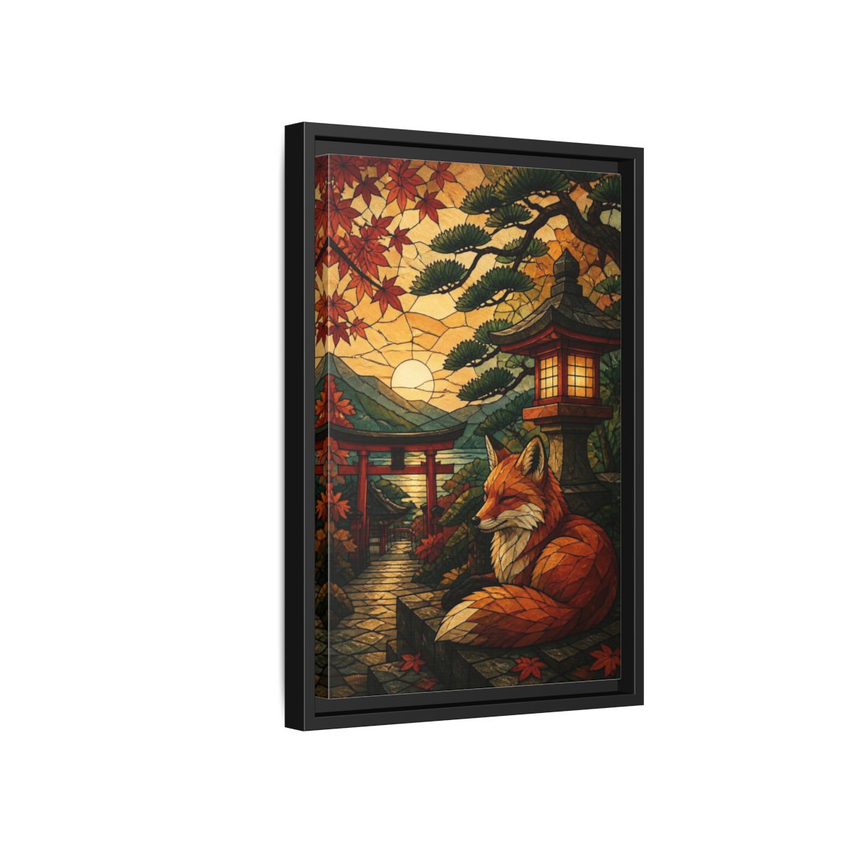 Side Mockup 6. Japanese Fox Shrine shown as framed canvas print