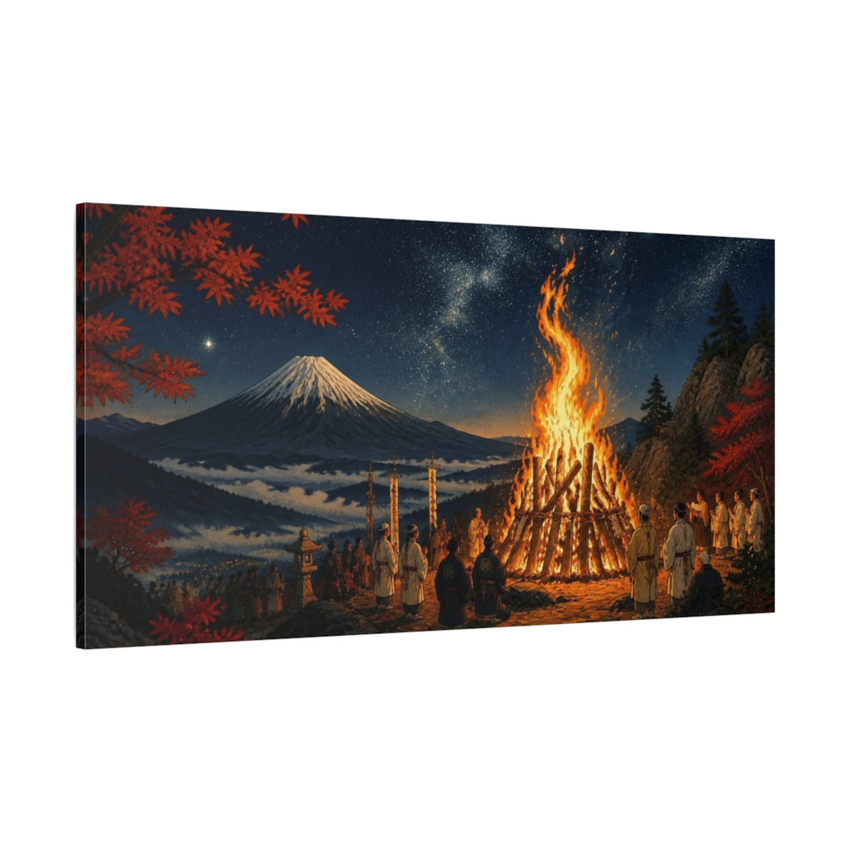 Side Mockup 2. Japanese Fuji Bonfire Night shown as canvas print