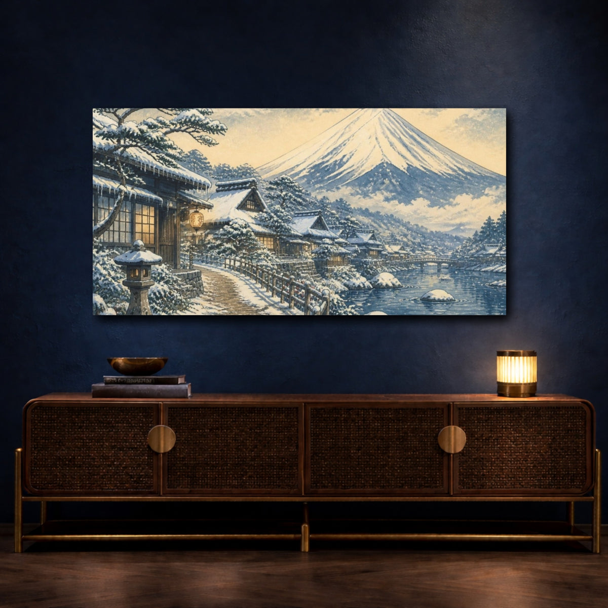 Mockup 4. Japanese Fuji Snow Village shown as canvas print