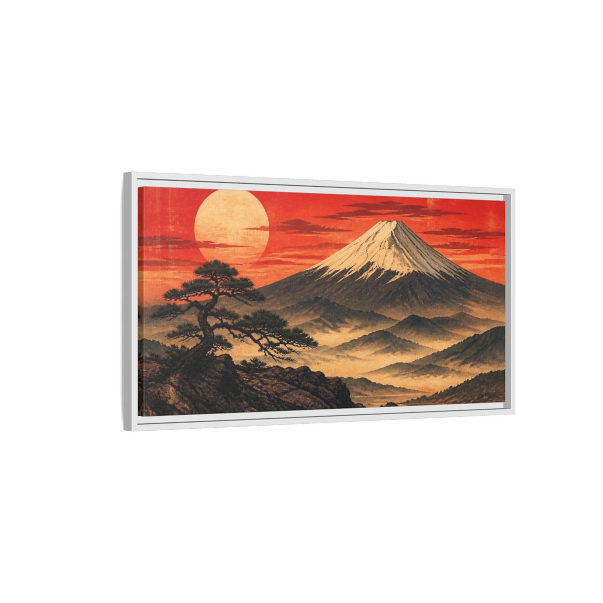 Side Mockup 1. Japanese Fuji Sunset shown as framed canvas print