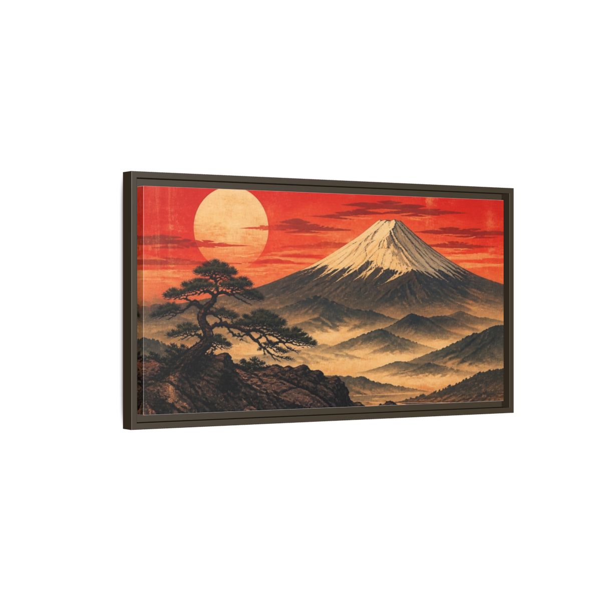Main Mockup. Japanese Fuji Sunset shown as framed canvas print