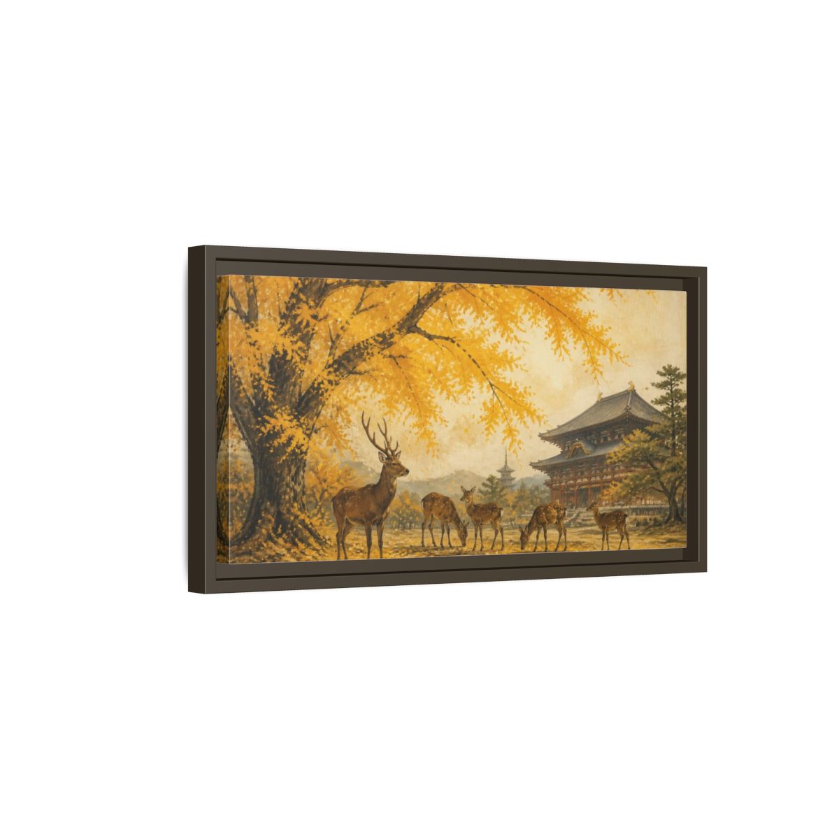 Side Mockup 7. Japanese Ginkgo Deer shown as framed canvas print